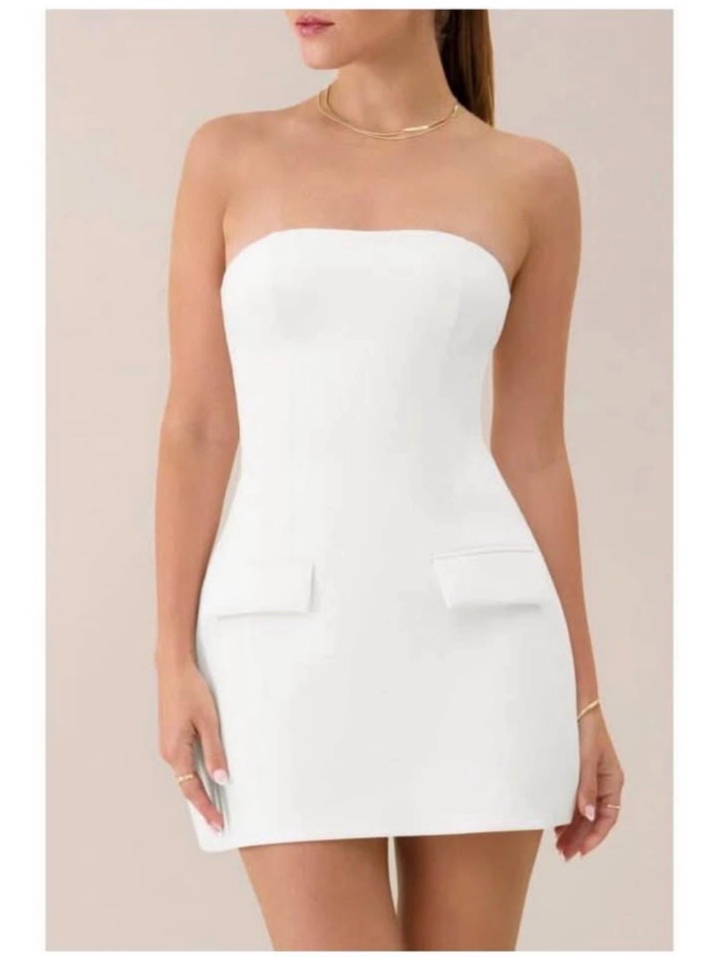 Classic Strapless White Mini Dress With Pocket Flaps